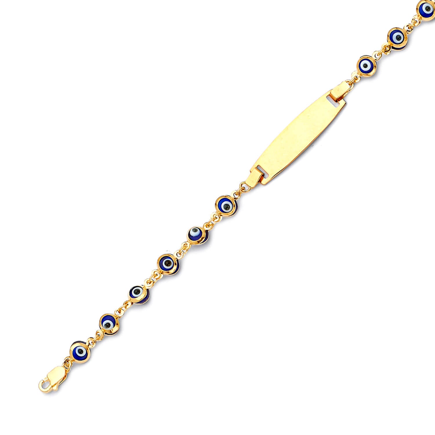 Beaded Blue & White Enamel Kids Eye Charm ID Bracelet In 14K Gold