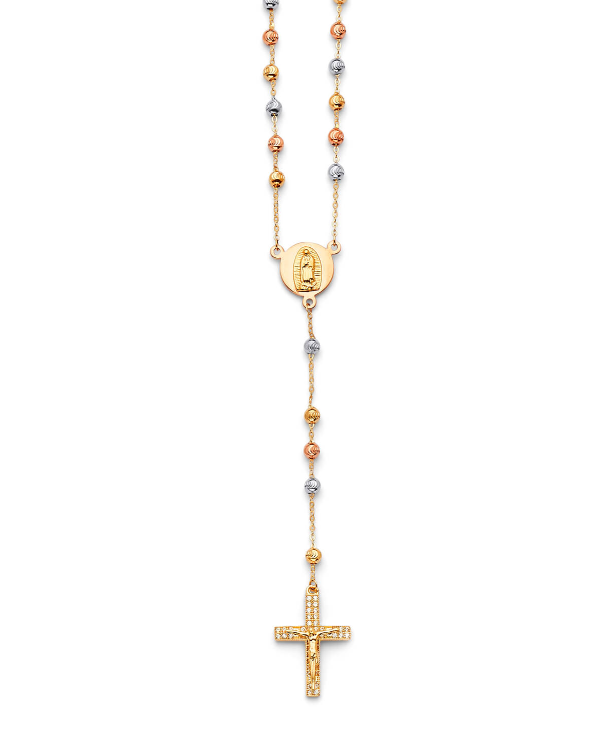 White CZ Crucifix Five-Decade Rosary Necklace in 14K Tri-Color Gold