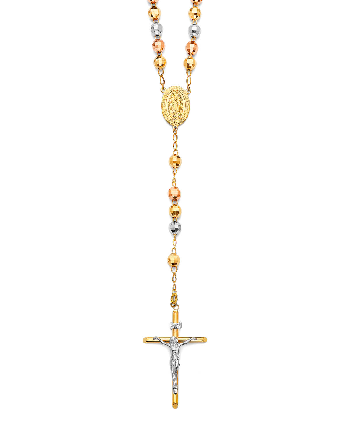 Crucifix Five-Decade Rosary Necklace in 14K Tri-Color Gold