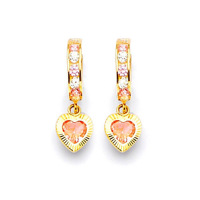 Heart Drop Huggie Earrings with Pink & White CZ in 14K Gold