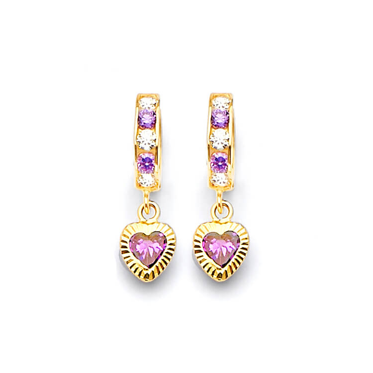 Heart Drop Huggie Earrings with Purple & White CZ in 14K Gold