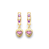 Heart Drop Huggie Earrings with Purple & White CZ in 14K Gold