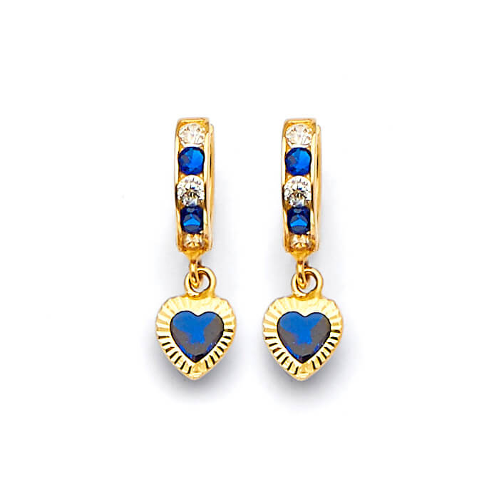 Heart Drop Huggie Earrings with Blue & White CZ in 14K Gold