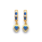 Heart Drop Huggie Earrings with Blue & White CZ in 14K Gold