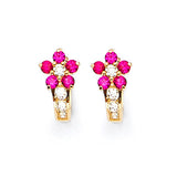 Flower Huggie Earrings with Red & White CZ in 14K Gold