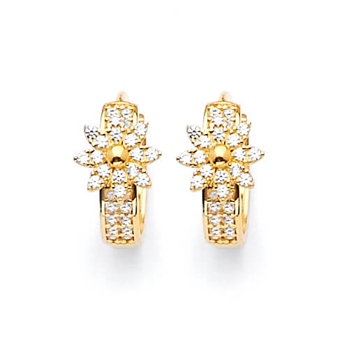 Flower Huggie Earrings with White CZ in 14K Gold