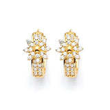Flower Huggie Earrings with White CZ in 14K Gold