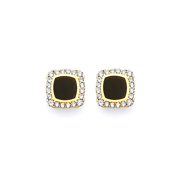 Stud Earrings with White CZ and Onyx in 14K Gold and Butterfly Backing