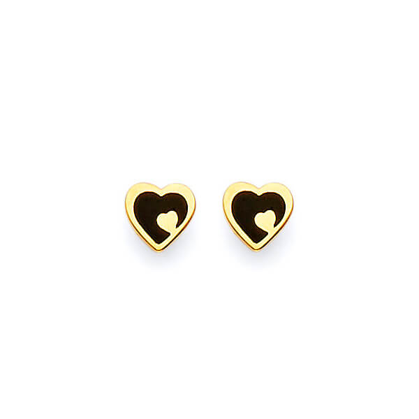 Heart Stud Earrings with Onyx in 14K Gold and Butterfly Backing