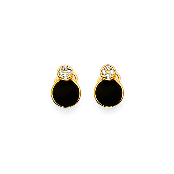 Flower Stud Earrings with White CZ and Onyx in 14K Gold and Butterfly Backing