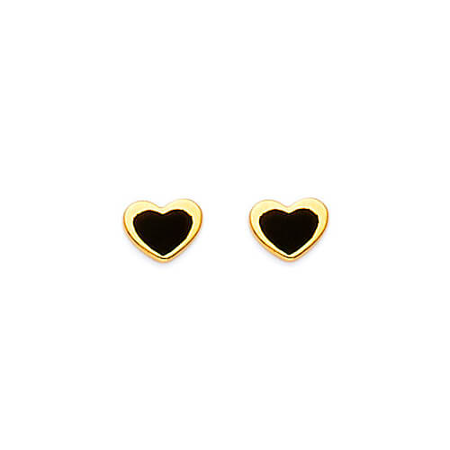 Heart Stud Earrings with Onyx in 14K Gold and Butterfly Backing