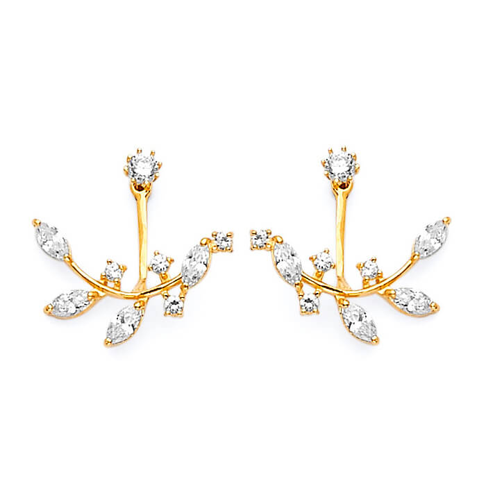 Leaf Stud Earrings with White CZ in 14K Gold and Butterfly Backing