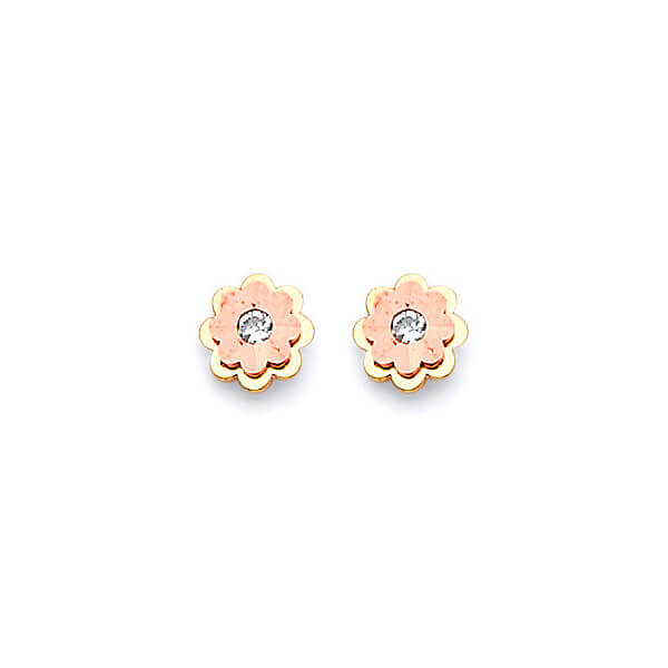 Flower Stud Earrings with White CZ in 14K Two-Tone Gold and Butterfly Backing
