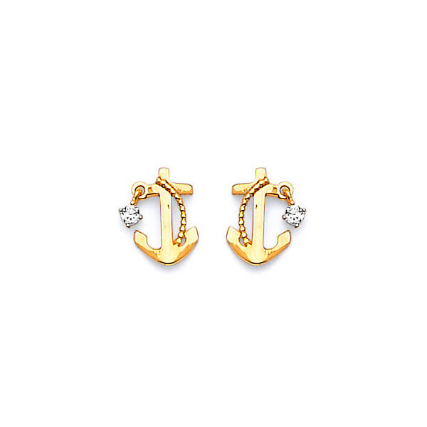 Anchor Stud Earrings with White CZ in 14K Gold and Butterfly Backing