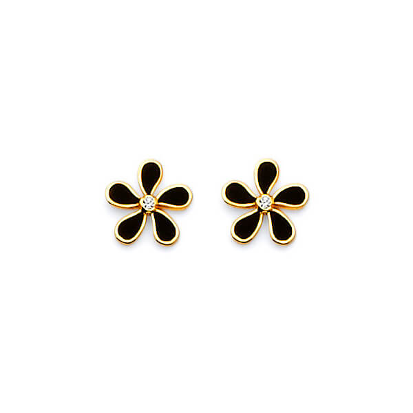 Flower Stud Earrings with Onyx in 14K Gold and Butterfly Backing