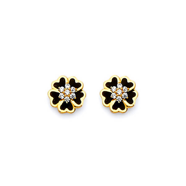 Flower Stud Earrings with White CZ and Onyx in 14K Gold and Butterfly Backing