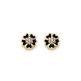 Flower Stud Earrings with White CZ and Onyx in 14K Gold and Butterfly Backing