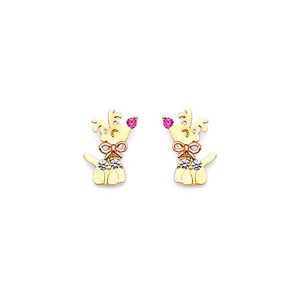 Dog Stud Earrings with Pink CZ in 14K Two-Tone Gold and Butterfly Backing