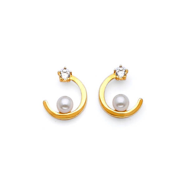 Stud Earrings with White CZ and Pearl in 14K Gold and Butterfly Backing