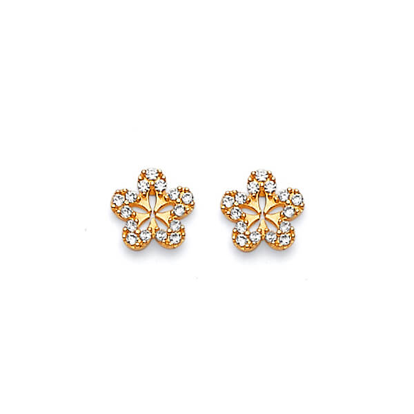 Flower Stud Earrings with White CZ in 14K Gold and Butterfly Backing