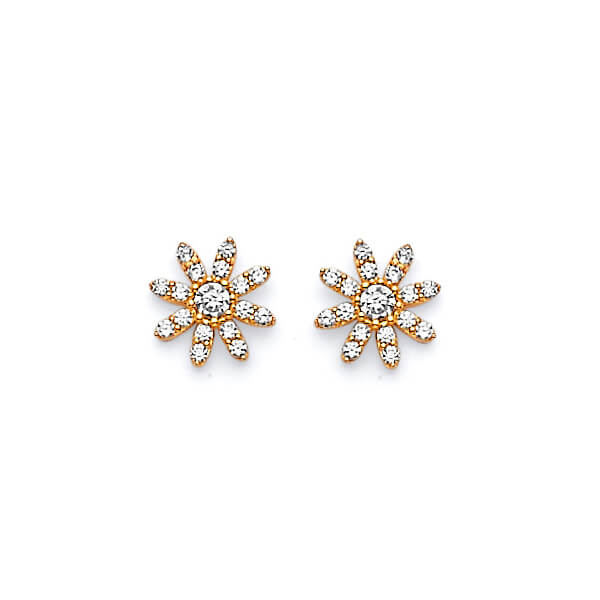Flower Stud Earrings with White CZ in 14K Gold and Butterfly Backing