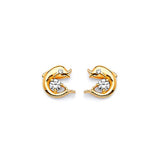 Dolphin Stud Earrings with White CZ in 14K Gold and Butterfly Backing