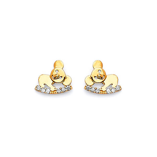 Bear Stud Earrings with White CZ in 14K Gold and Butterfly Backing