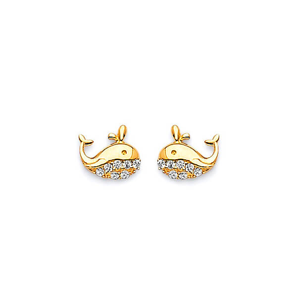 Dolphin Stud Earrings with White CZ in 14K Gold and Butterfly Backing