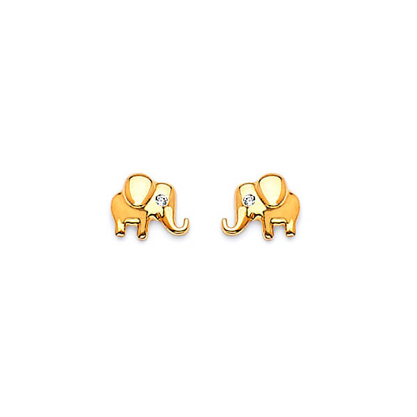 Elephant Stud Earrings with White CZ in 14K Gold and Butterfly Backing