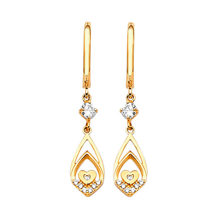 Heart Drop Earrings with White CZ in 14K Gold
