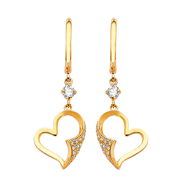 Heart Drop Earrings with White CZ in 14K Gold