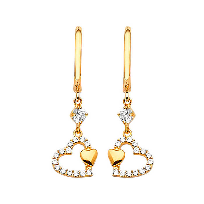 Heart Drop Earrings with White CZ in 14K Gold