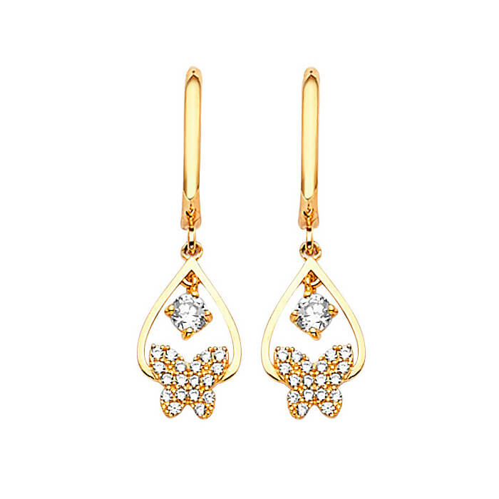 Butterfly Drop Earrings with White CZ in 14K Gold