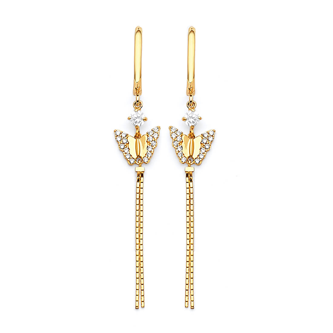 Butterfly Tassel Earrings with White CZ in 14K Gold