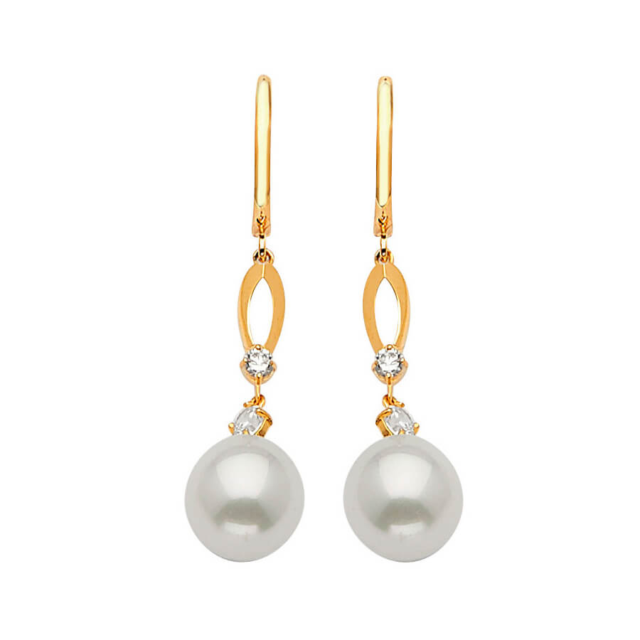 Drop Earrings with White CZ and Pearl in 14K Gold