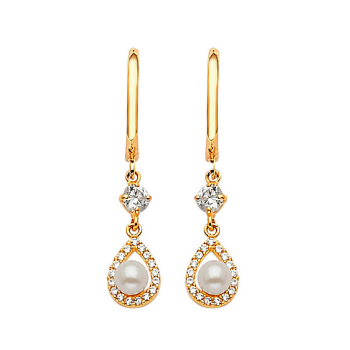 Drop Earrings with White CZ and Pearl in 14K Gold