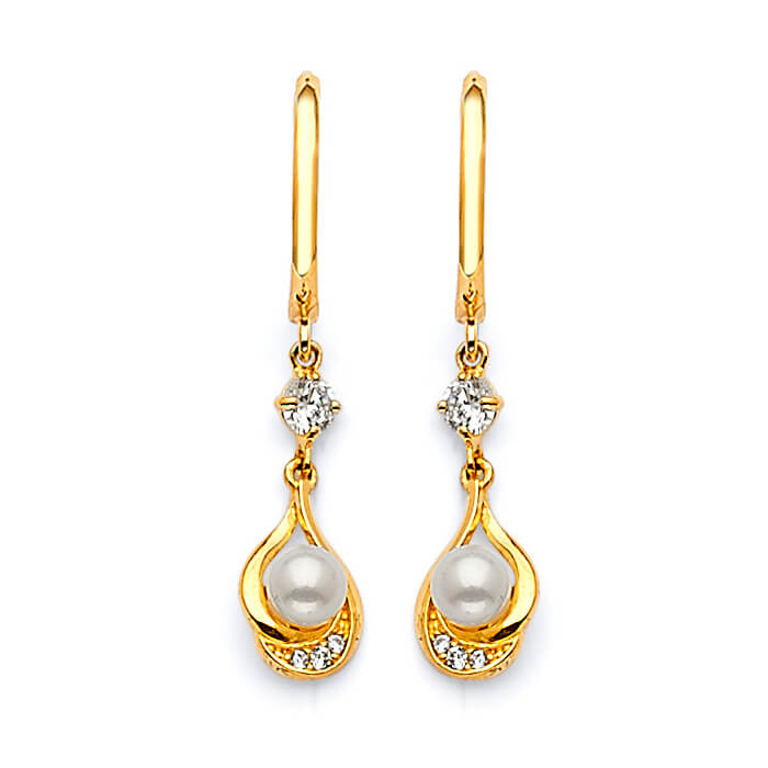 Drop Earrings with White CZ and Pearl in 14K Gold