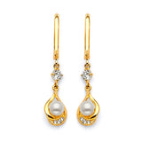 Drop Earrings with White CZ and Pearl in 14K Gold