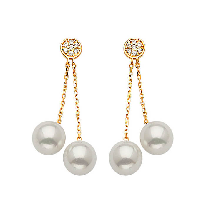 Drop Earrings with White CZ and Pearl in 14K Gold and Butterfly Backing