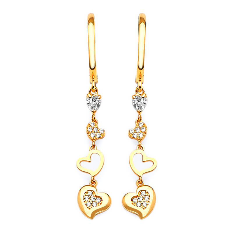Heart Drop Earrings with White CZ in 14K Gold