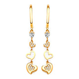 Heart Drop Earrings with White CZ in 14K Gold