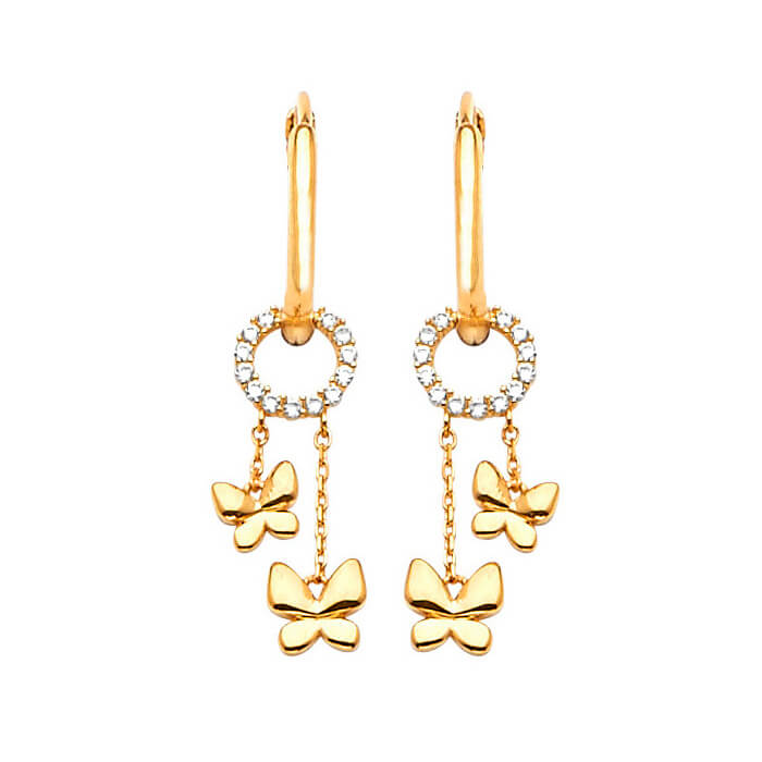 Butterfly Drop Earrings with White CZ in 14K Gold