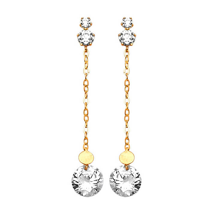 Drop Earrings with White CZ in 14K Gold and Butterfly Backing