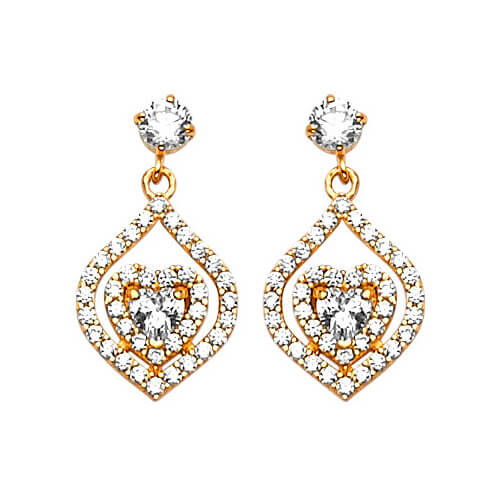 Heart Drop Earrings with White CZ in 14K Gold and Butterfly Backing