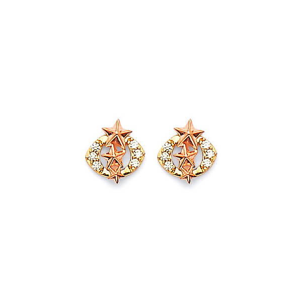 Star Stud Earrings with White CZ in 14K Two-Tone Gold and Butterfly Backing