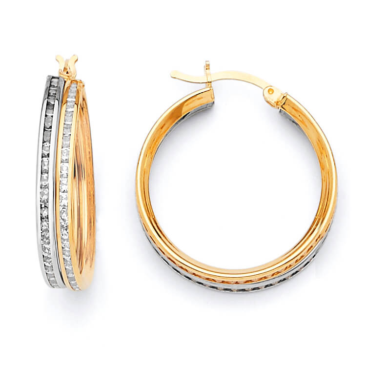 Huggie Earrings with White CZ in 14K Two-Tone Gold