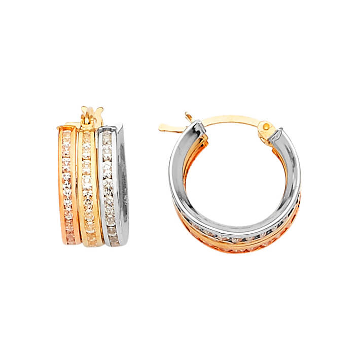 Huggie Earrings with White CZ in 14K Tri-Color Gold