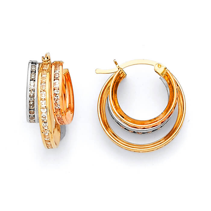 Bangle Hoop Earrings with White CZ in 14K Tri-Color Gold