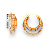 Bangle Hoop Earrings with White CZ in 14K Tri-Color Gold
