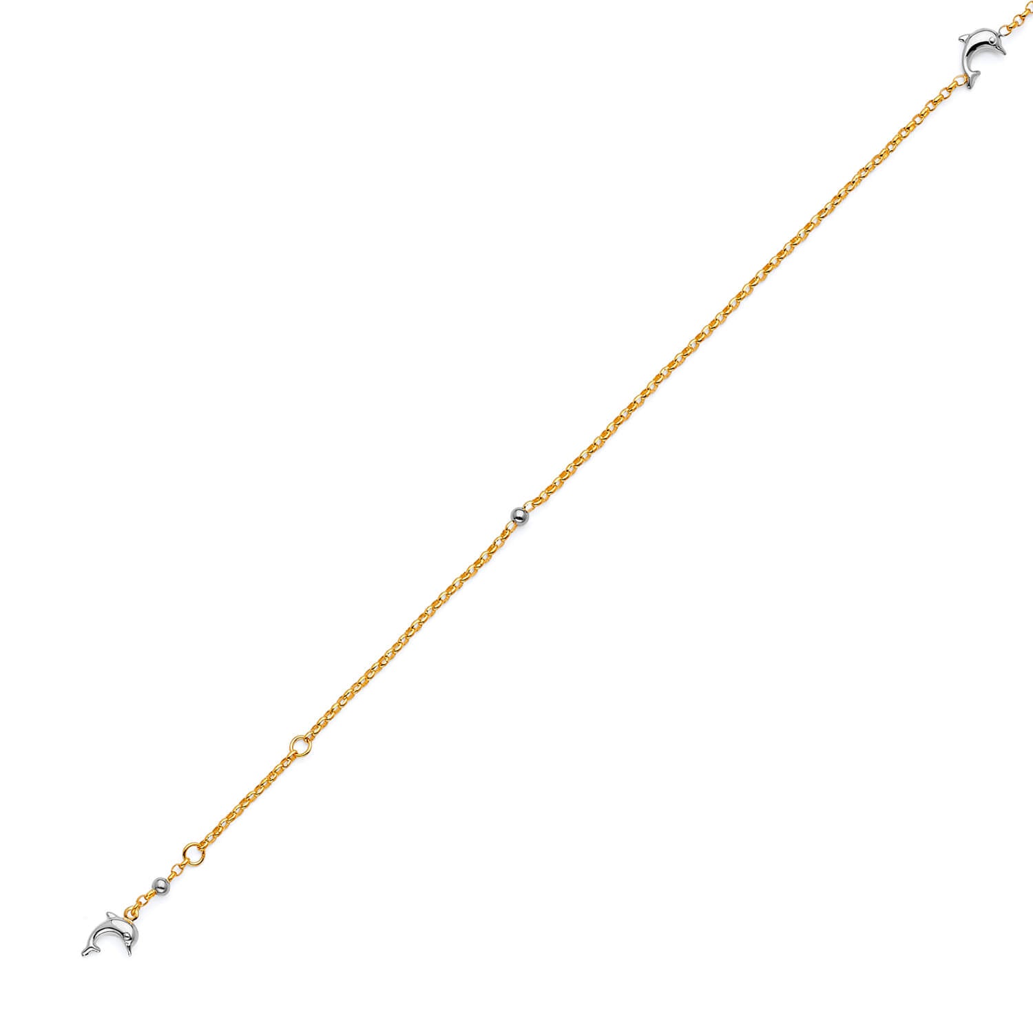 Adjustable Dolphin Link Anklet in 14K Two Tone Gold
